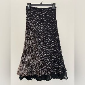 Vintage Chico’s Black Brown Polka Dot midi Ruffle Botton Skirt